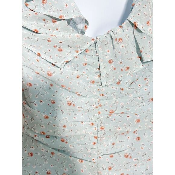 ASTR The Label Womens Ditsy Floral Ruffle Neck Ruched Mini Dress Teal Blue Small - Picture 6 of 11